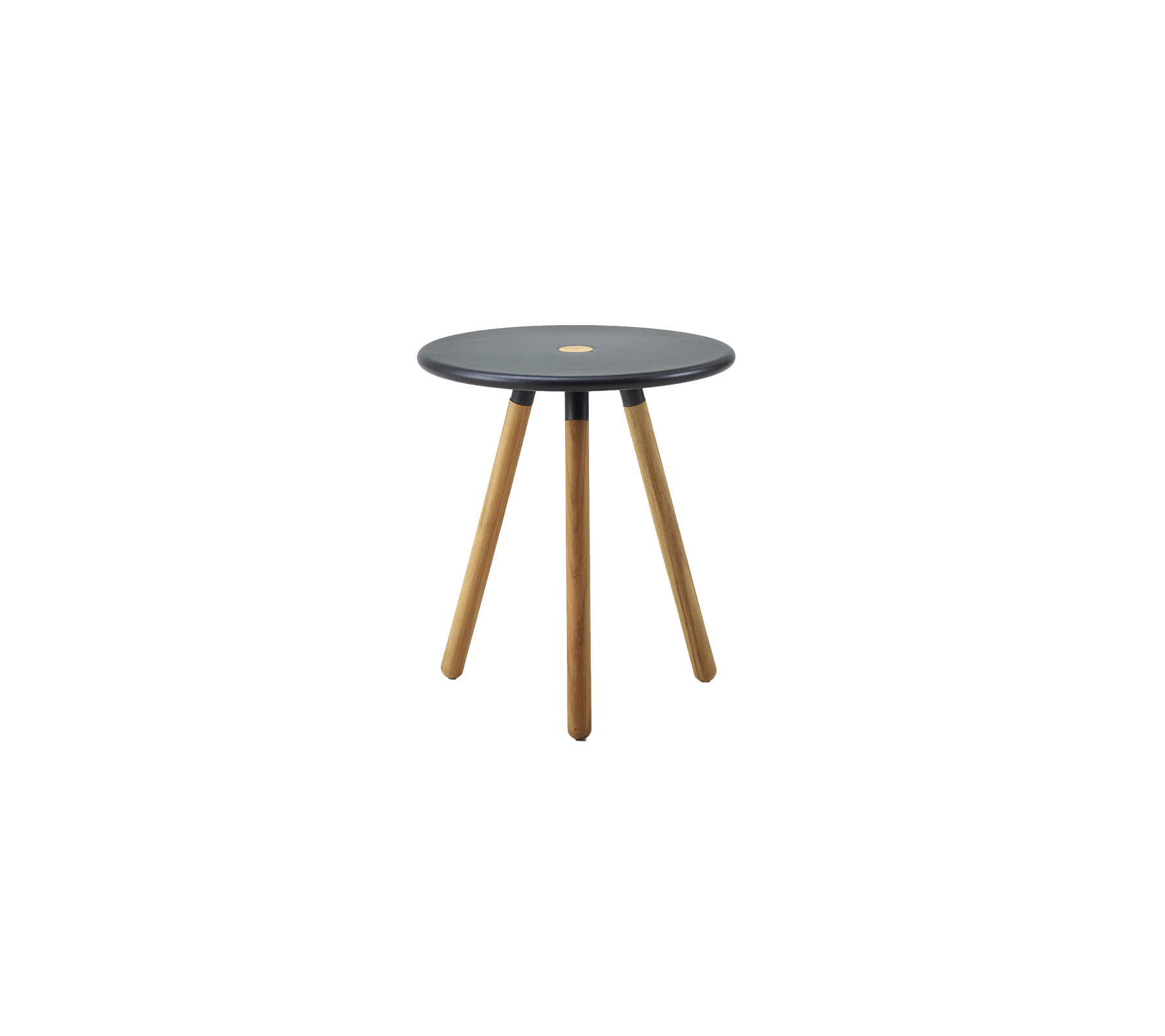 A small, modern side table with a round dark top and three wooden legs, offering a stylish addition to any space.