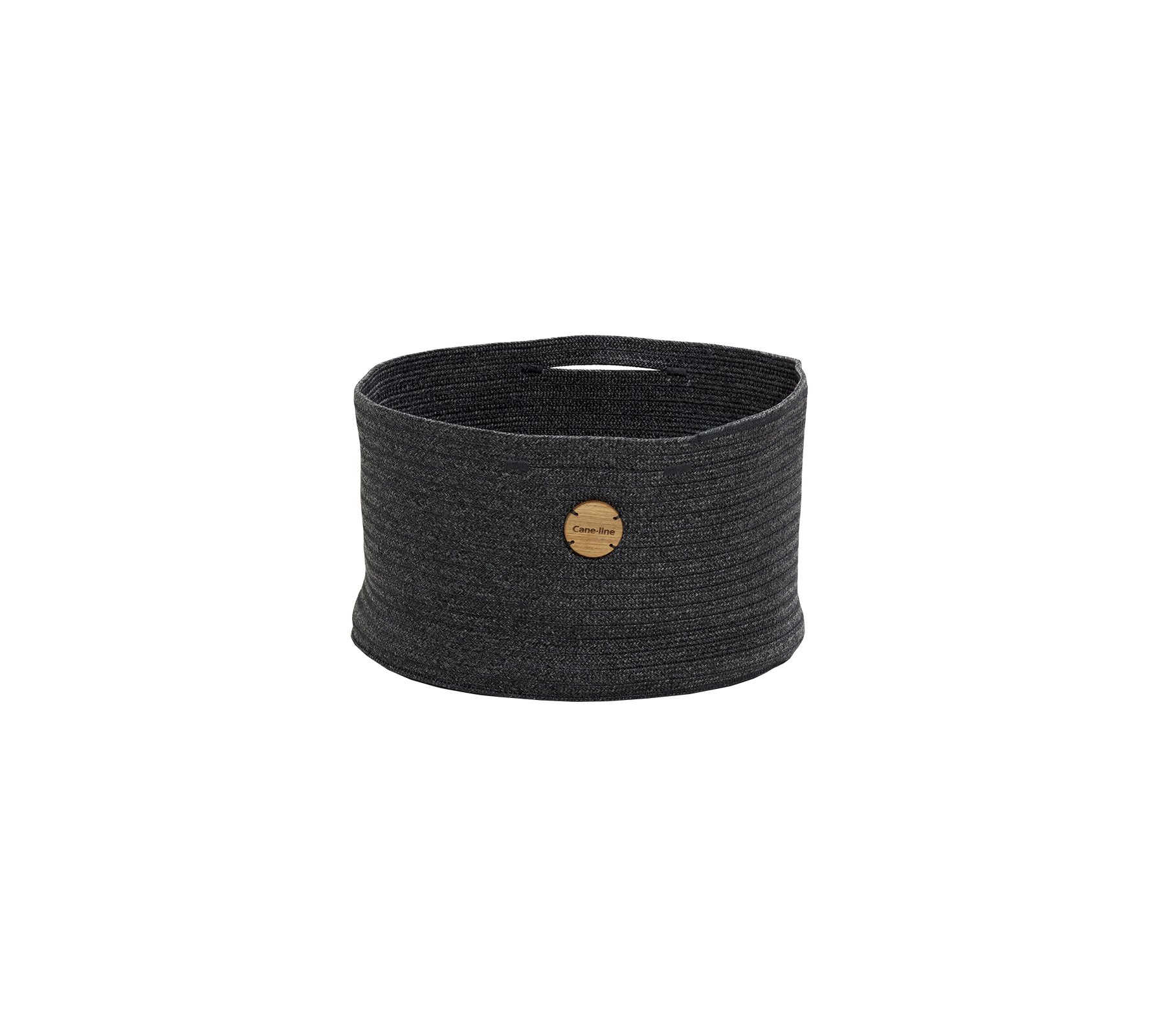 Round, textured storage basket in dark gray with a wooden tag for style and functionality. Ideal for organizing various items.