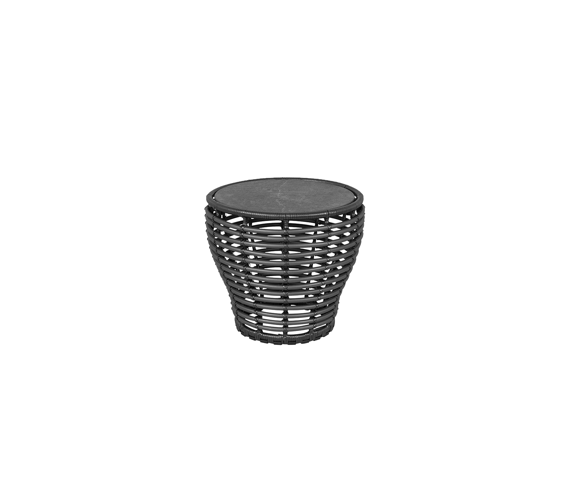 Black woven side table with a round top, designed for versatility in various settings. Ideal for accentuating modern decor.