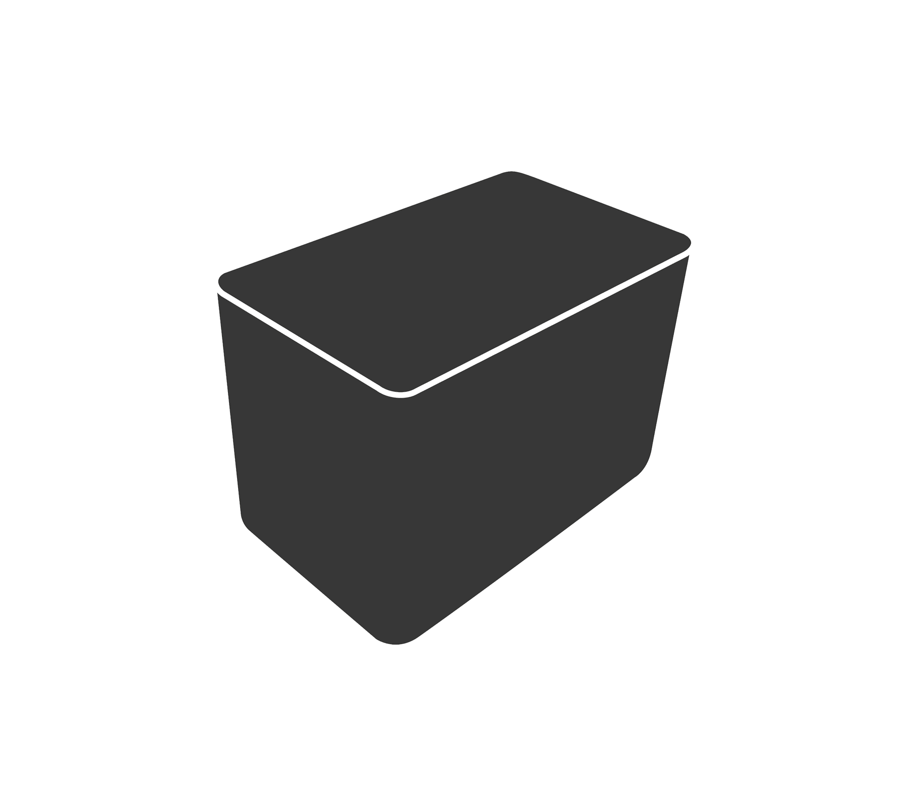 A dark, rectangular container with a smooth surface and slightly slanted sides, featuring a flat lid on top.