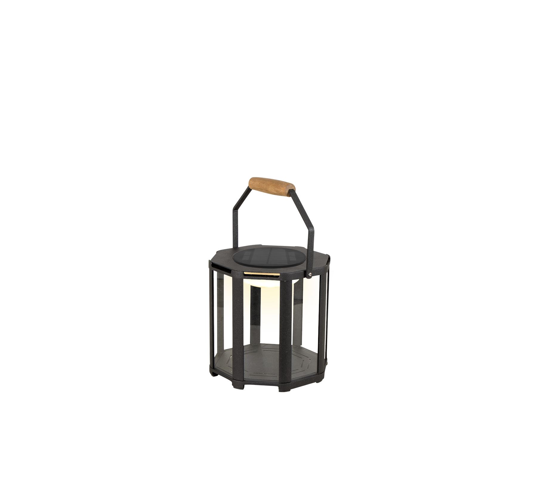 A stylish lantern featuring a black metal frame and a wooden handle, designed with LED lighting for a modern touch.