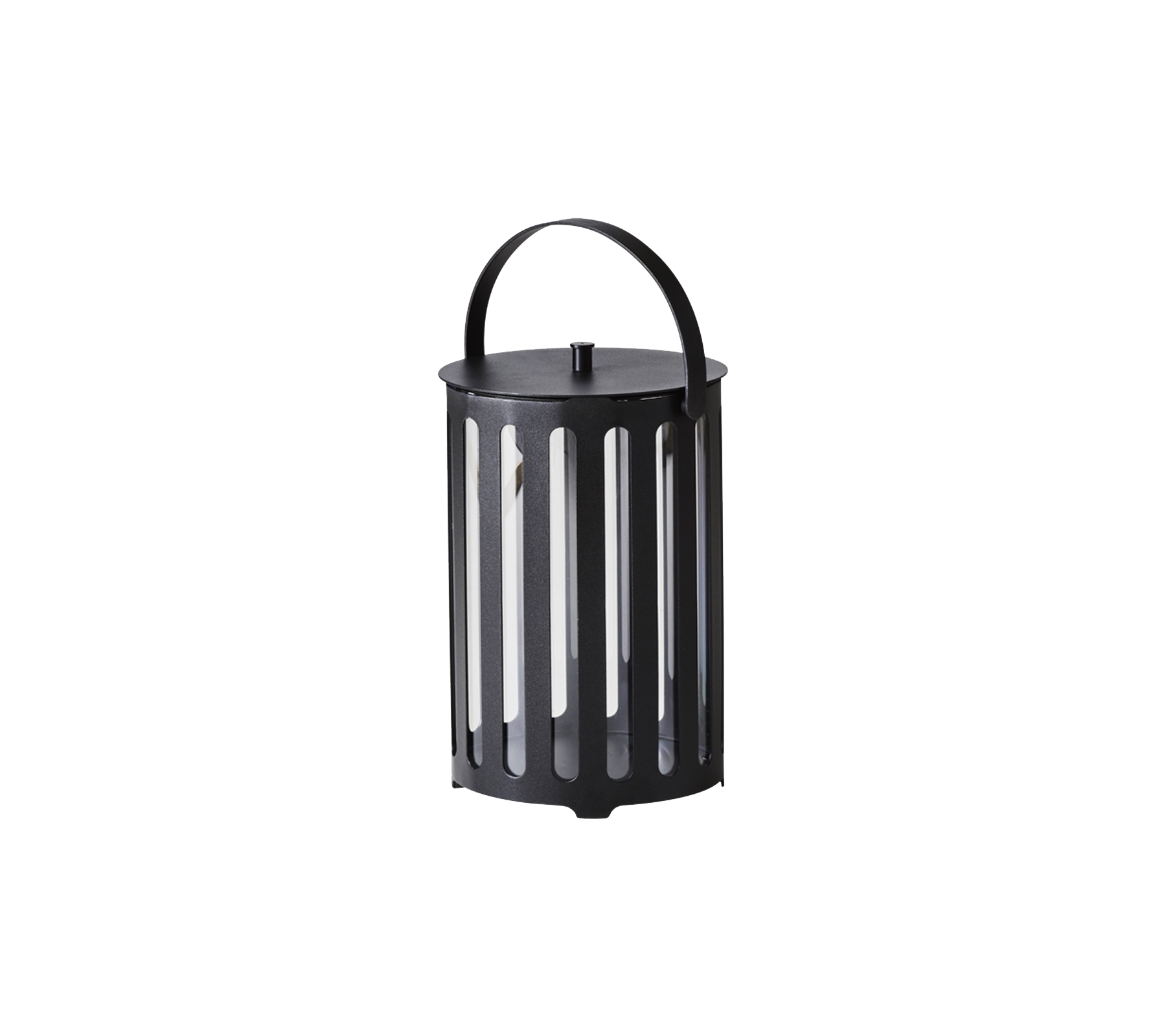 Black lantern featuring a cylindrical design with vertical slits and a handle for easy carrying. Suitable for decorative lighting.