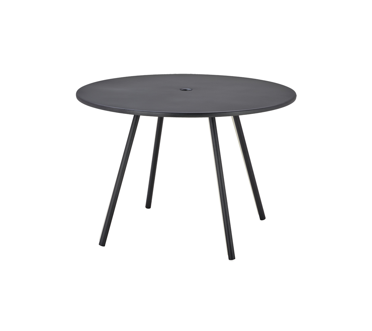 Round black table with a smooth surface and three slender legs, designed for versatile use.