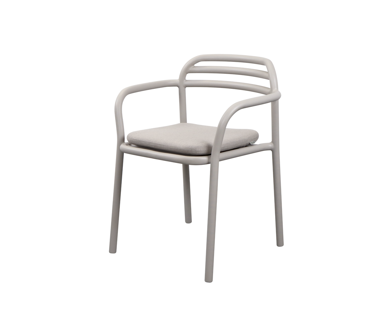 A modern armchair featuring a sleek design with rounded armrests and a padded seat in a neutral color.