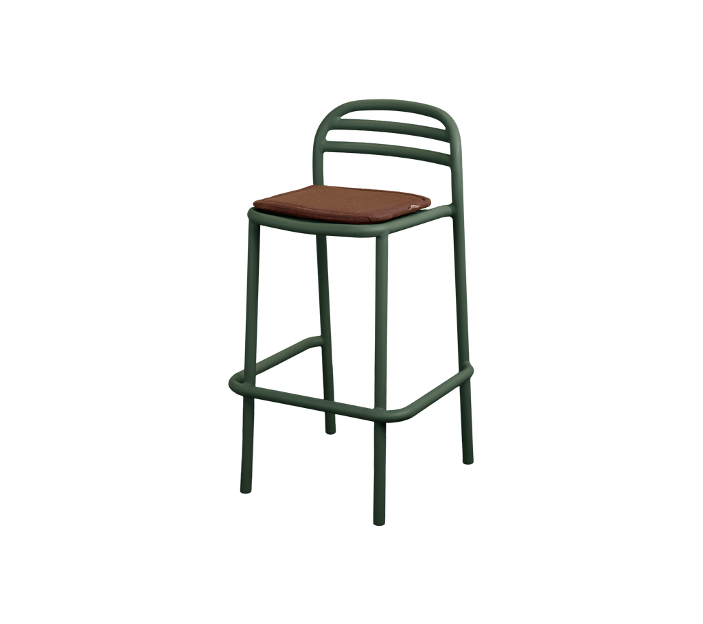 Modern dark green bar stool with desert red cushion.