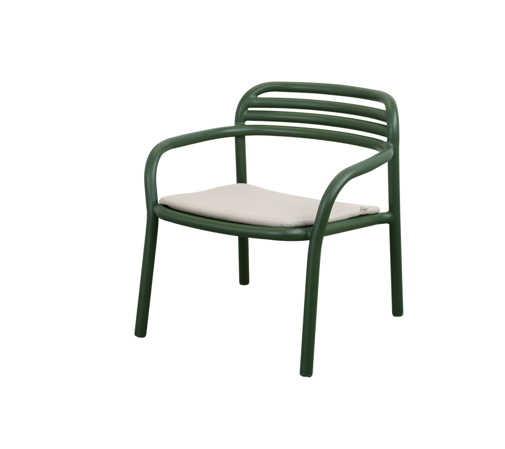 Modern dark green chair with a sand cushion.