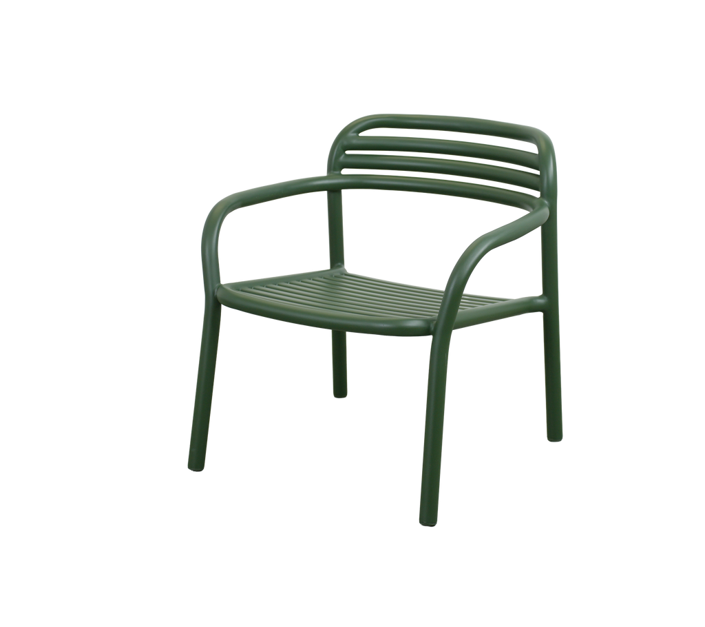 Dark green chair with a simple design and horizontal slat back.