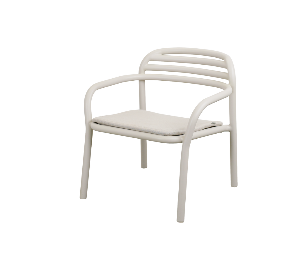 Modern sand-colored chair with a simple design and slatted backrest.