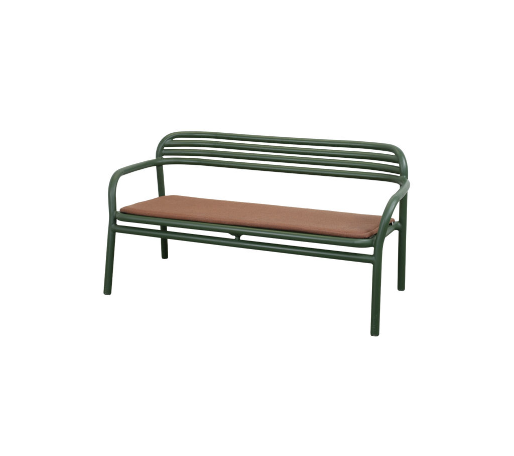Modern bench with a dark green frame and a desert red cushion.