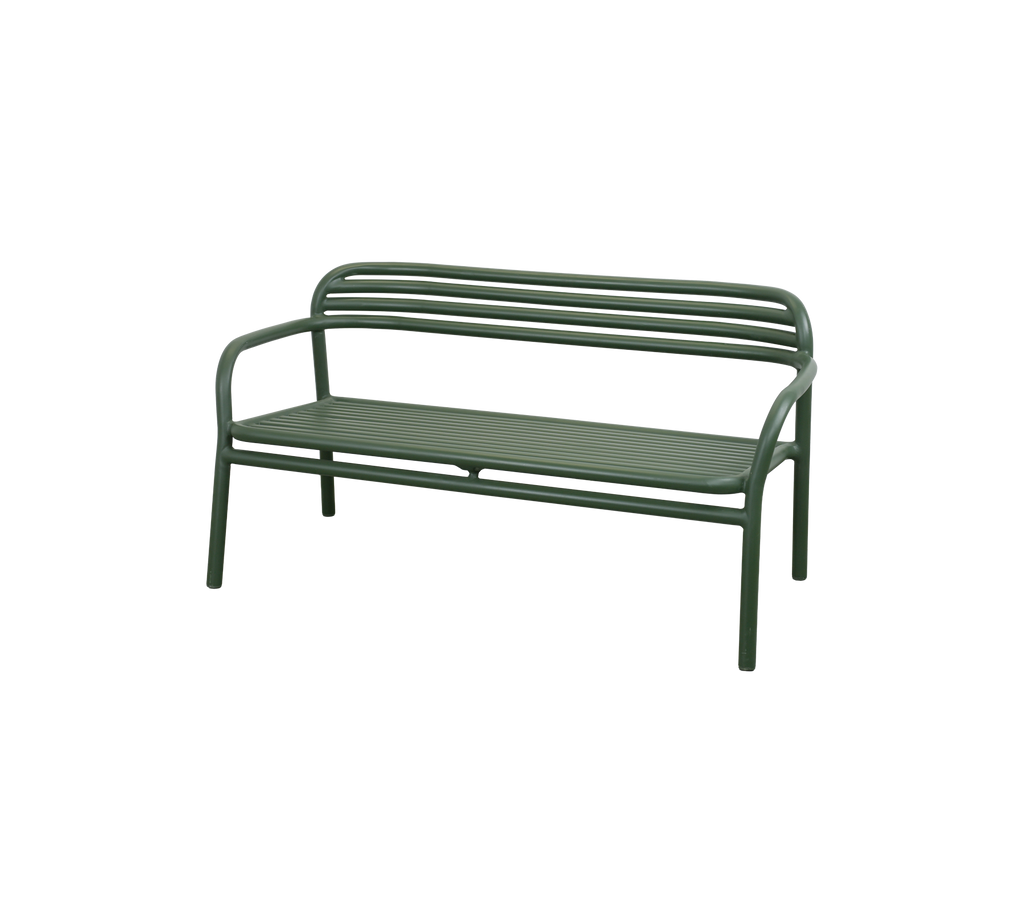 Dark green bench with a simple design.