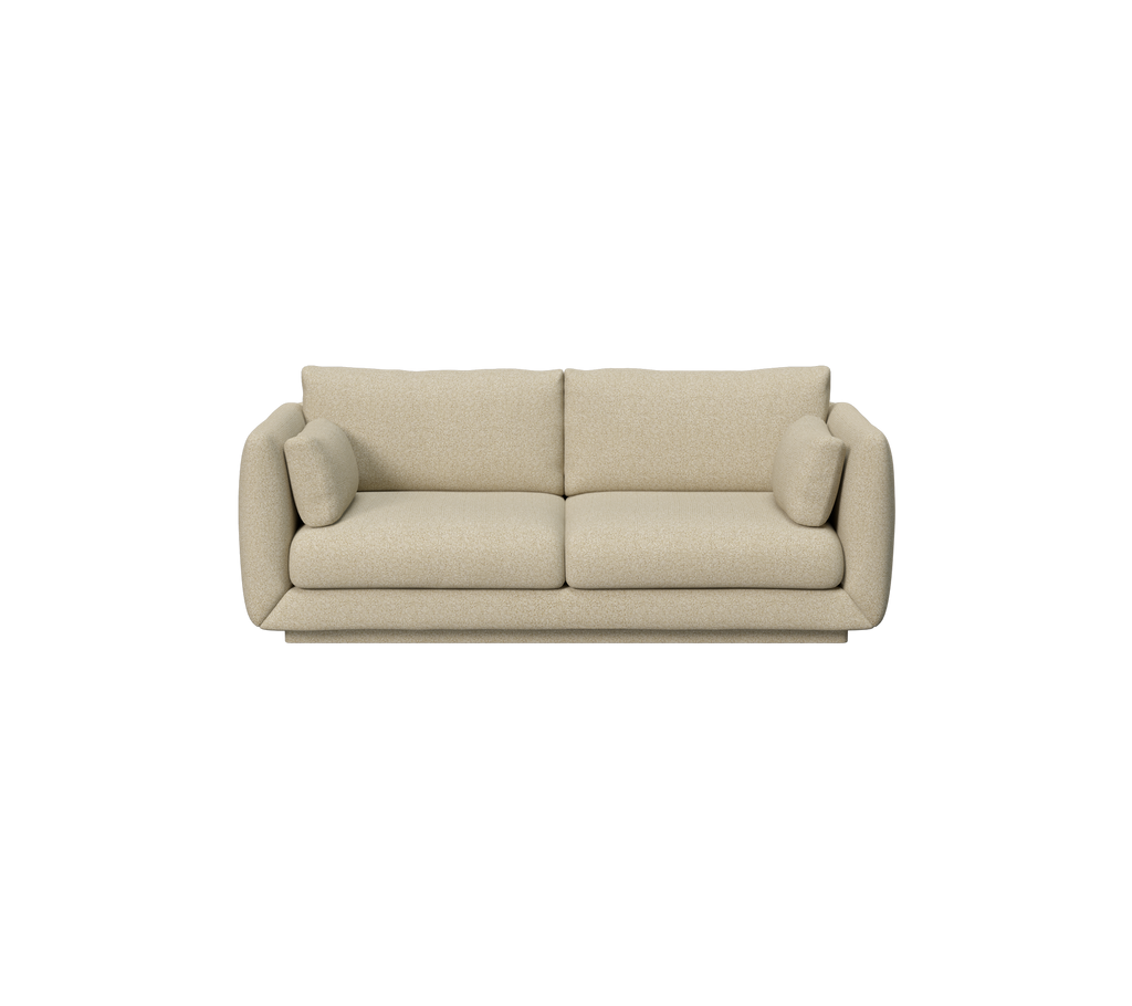 Light brown sofa with rounded edges and two cushions.