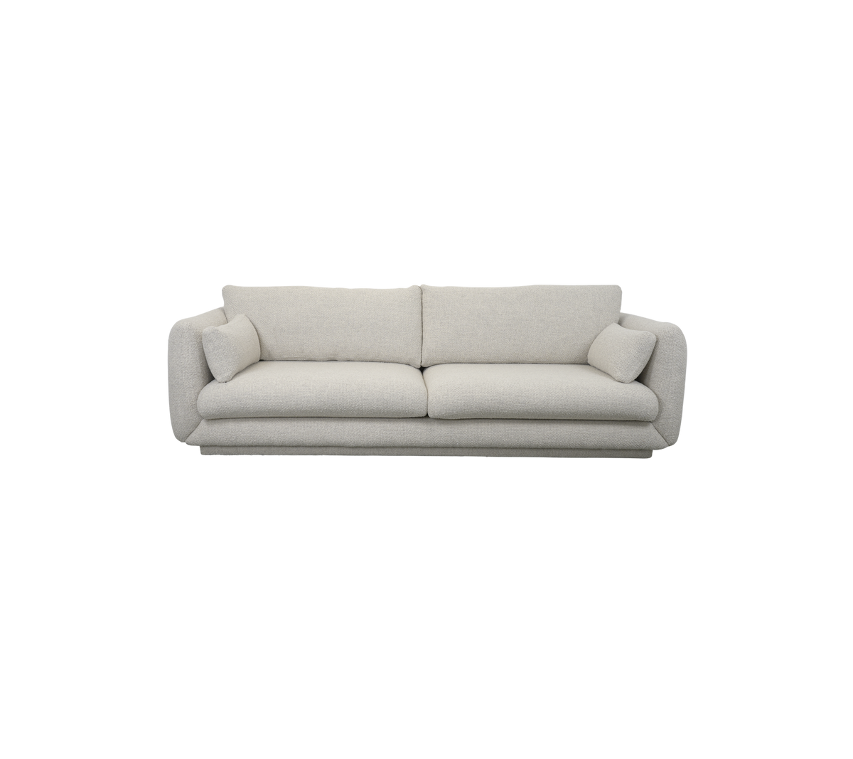 A modern, light-colored sofa with plush cushions and two decorative pillows on either end, designed for comfort and style.