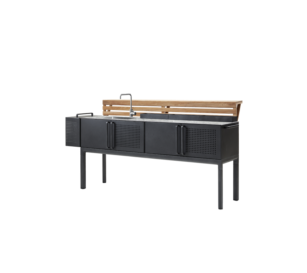 Modern grey cabinet with teak shelf and sink.