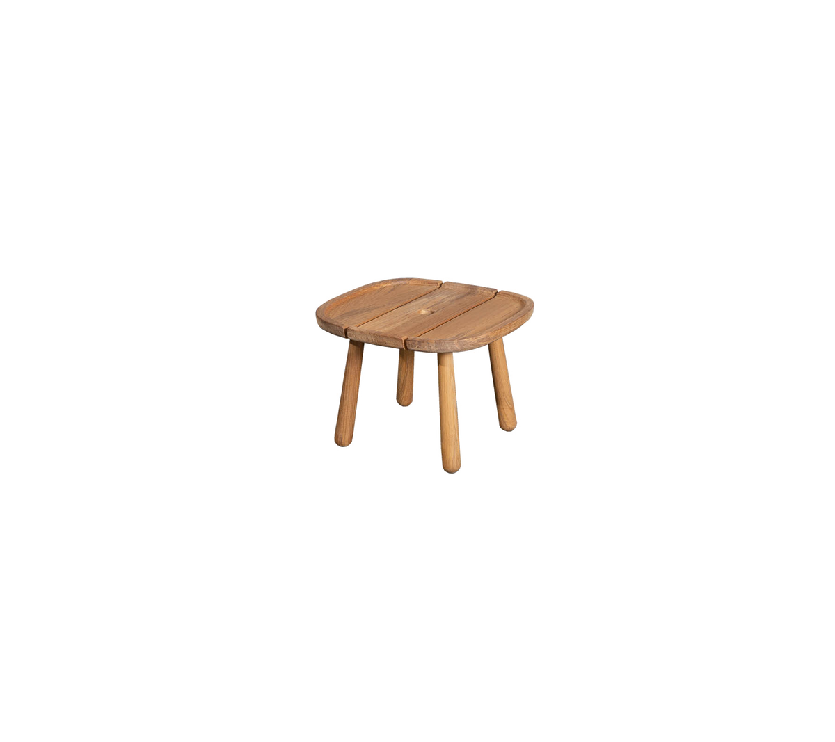 Small wooden table with a rounded square top and four sturdy legs, perfect for various uses in a stylish setting.