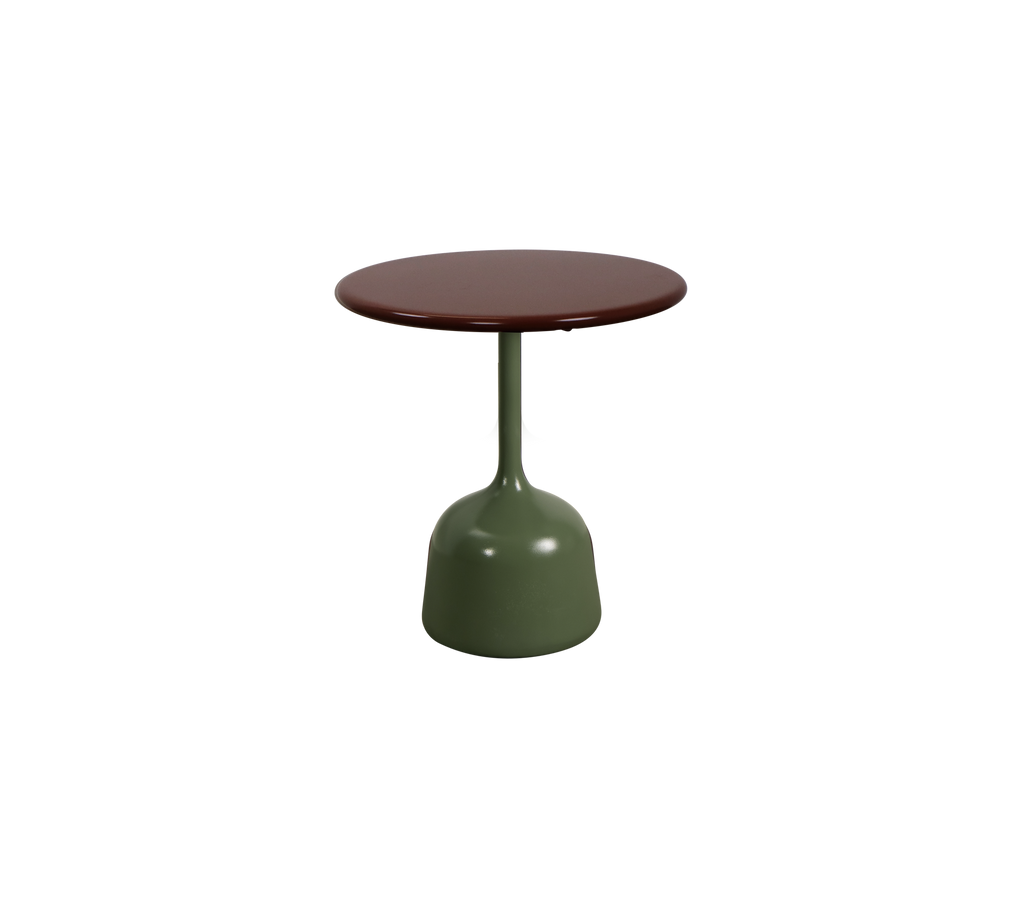 Olive green table with a burgundy top.