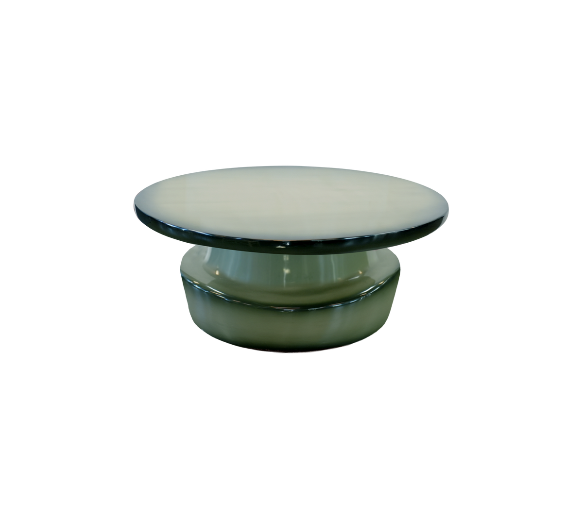 Modern green table with a smooth round top and sculptural base.