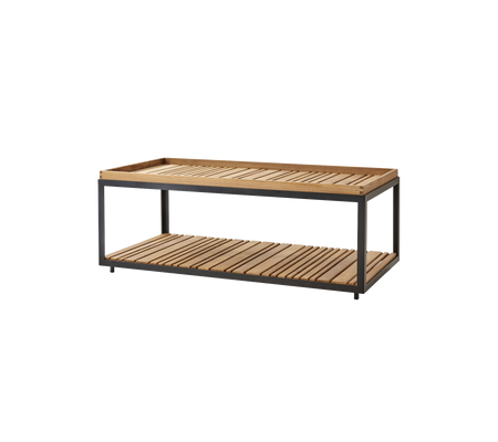 Wooden coffee table with slatted design and metal frame, featuring two levels for storage or display. Ideal for modern living spaces.