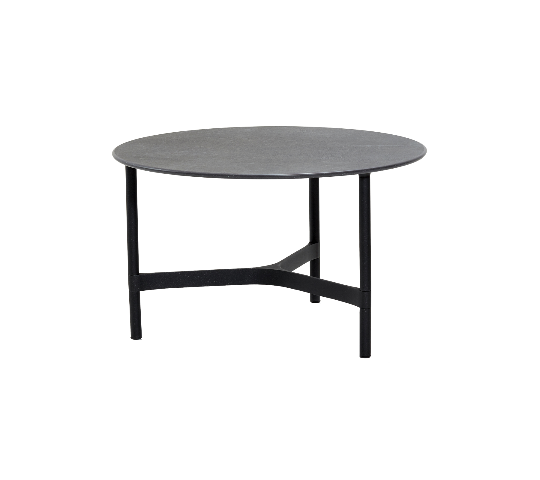 Round table with a sleek gray top and a sturdy black frame, perfect for modern living spaces and casual gatherings.