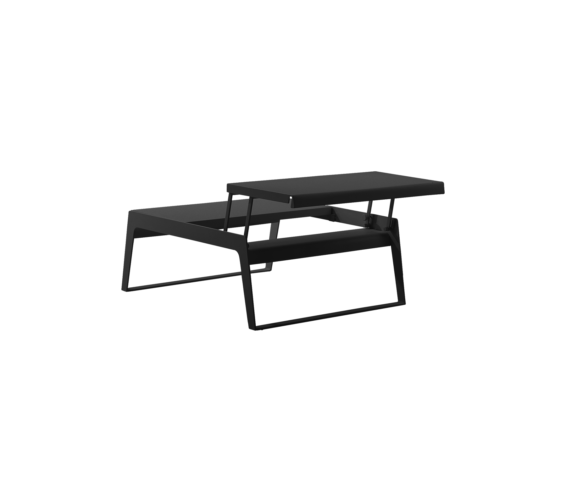 Modern black coffee table with a sleek, minimalist design featuring a layered top and sturdy frame. Ideal for contemporary spaces.