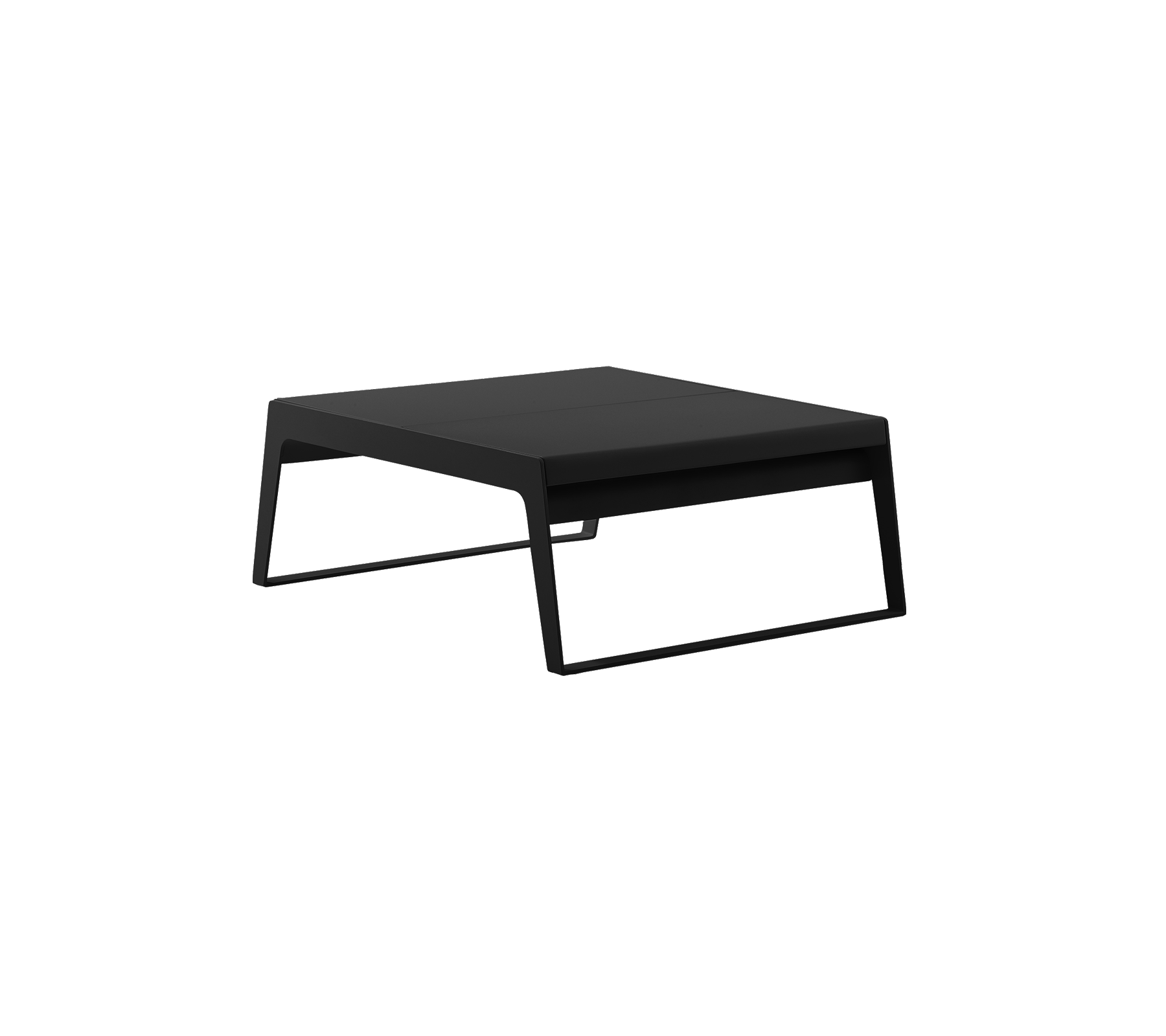 Modern black table with a minimalist design, featuring a flat surface and sleek legs, suitable for various settings.