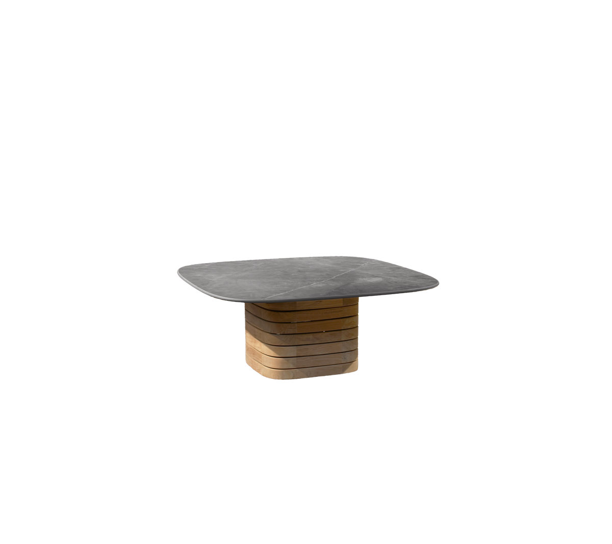 Grey table with a teak base in a modern design.