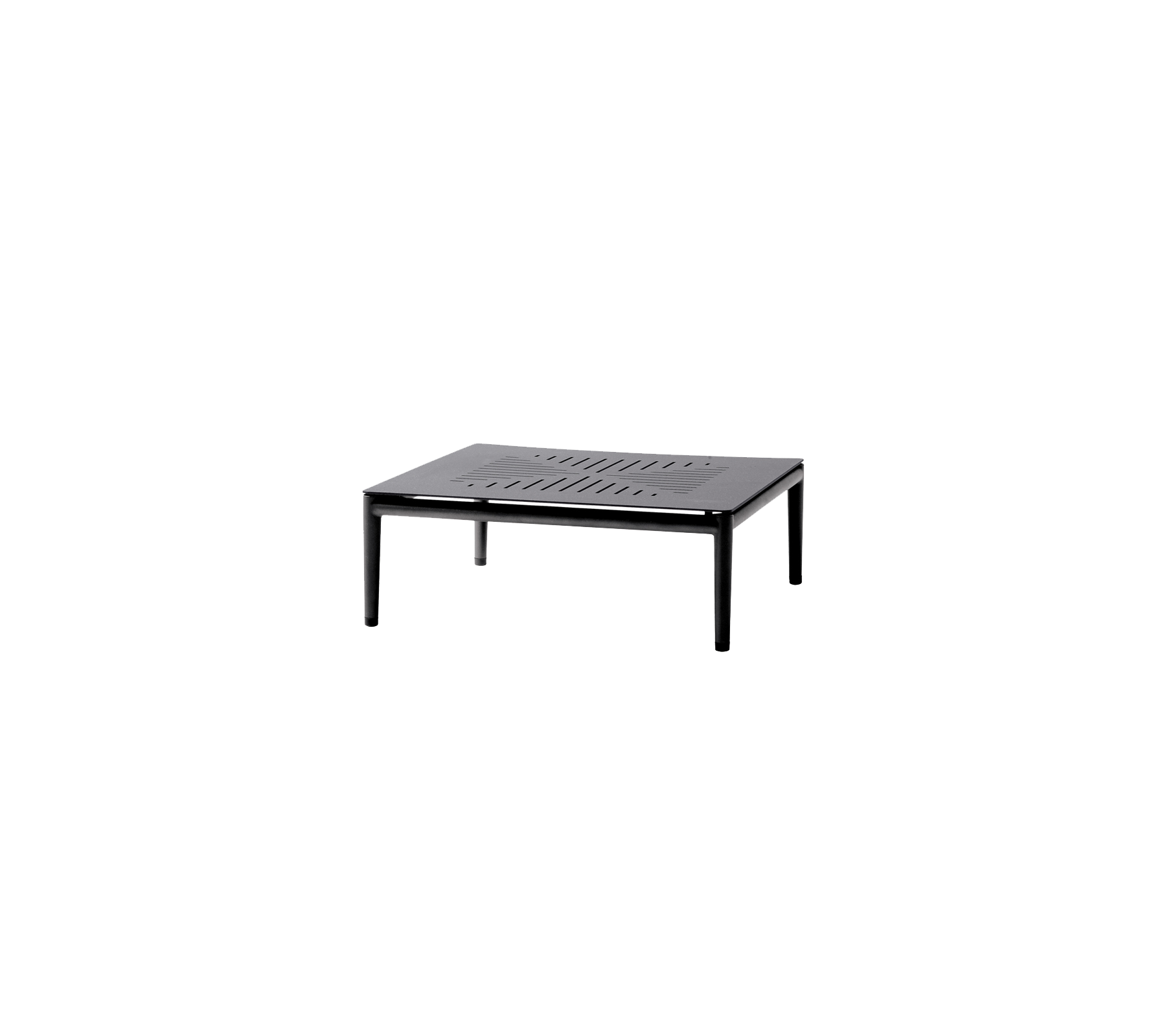 Square black table with a slatted top and sturdy legs, suitable for various settings and purposes.