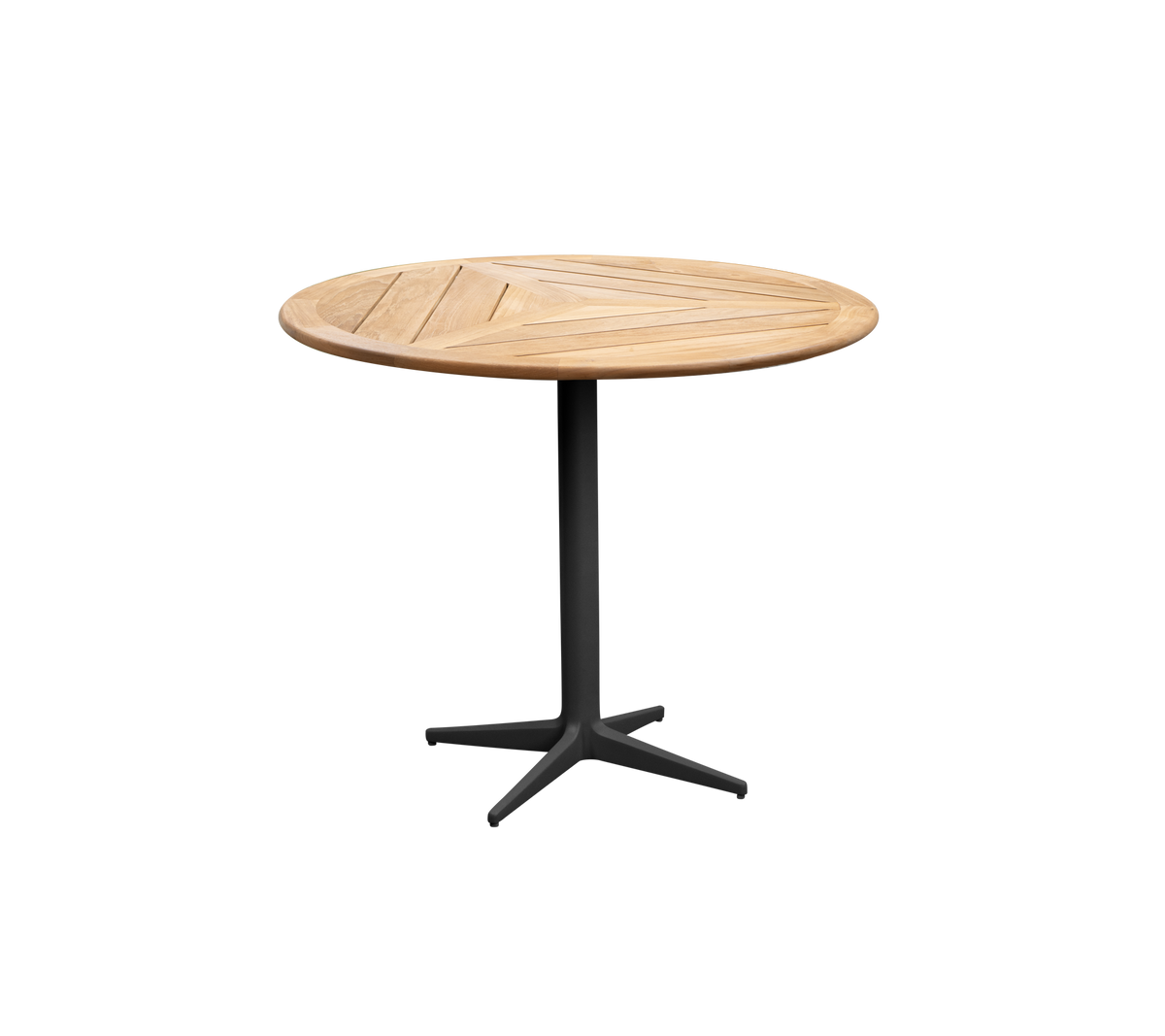 Round wooden table with a sleek design and a sturdy black base, perfect for various settings. Ideal for casual dining or gatherings.