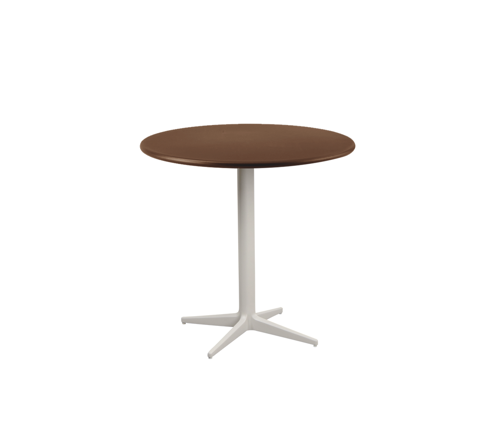 Round brown table with a white base.