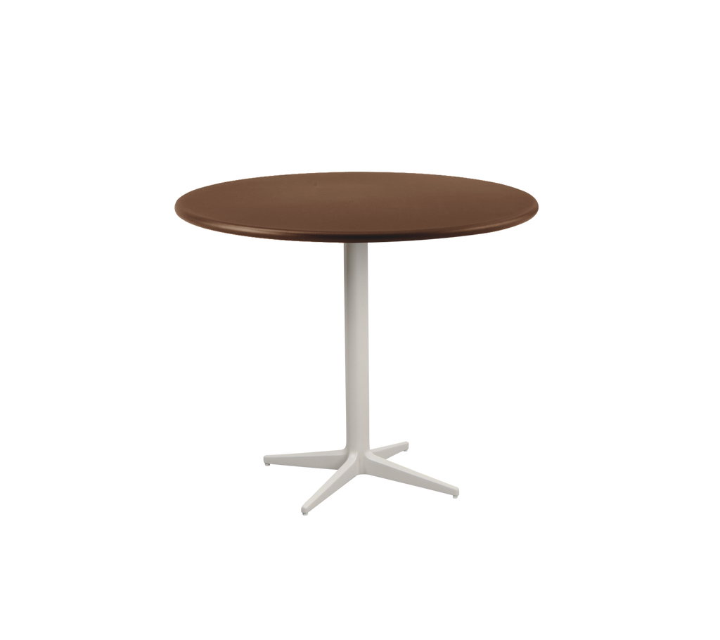 Modern round brown table with a white base.