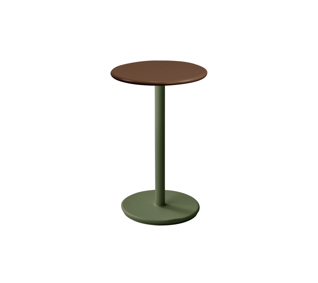 Round table with desert red top and dark green base.
