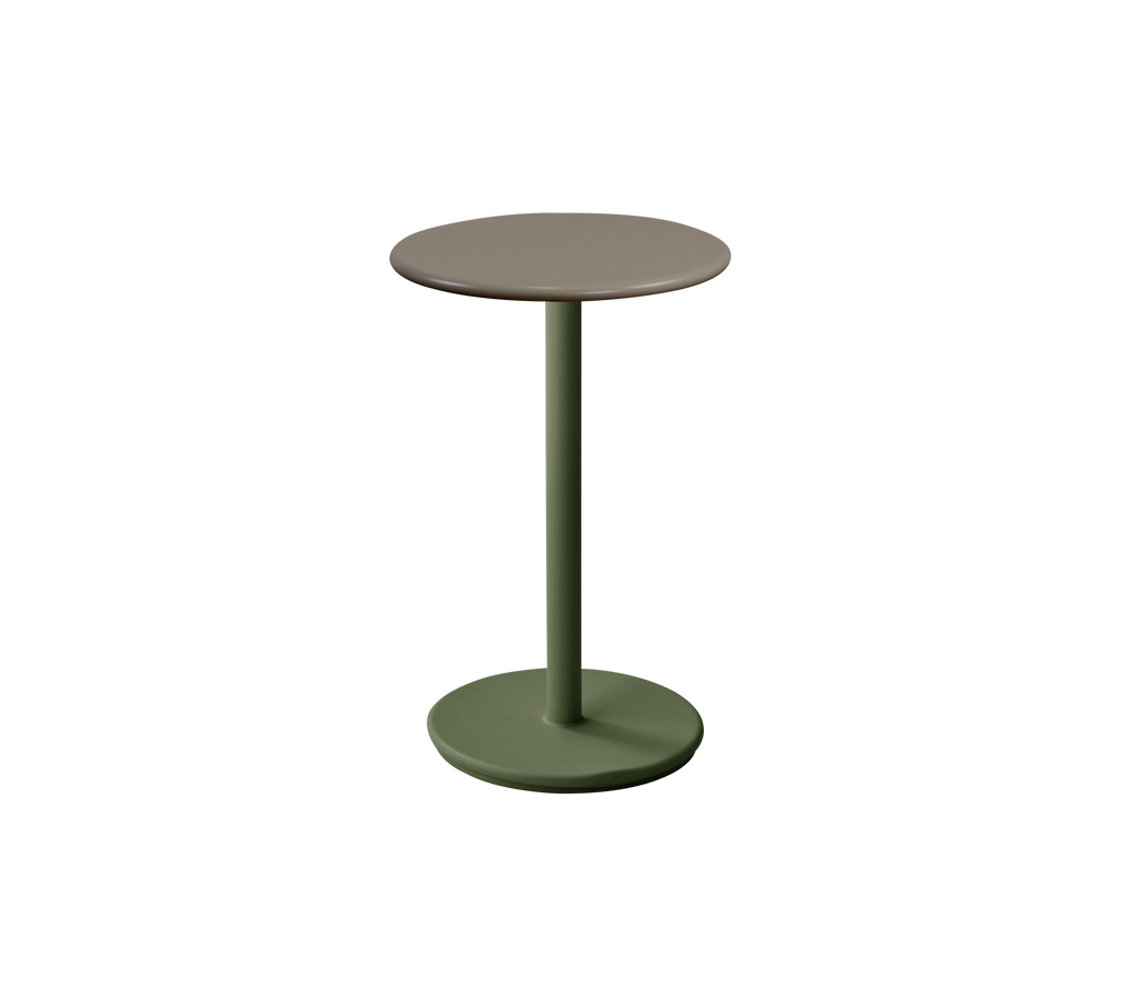Modern table with a dark green base and taupe top.