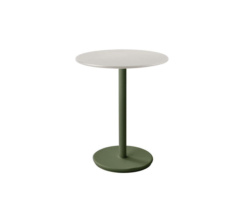 Modern table with a dark green base and a light top.