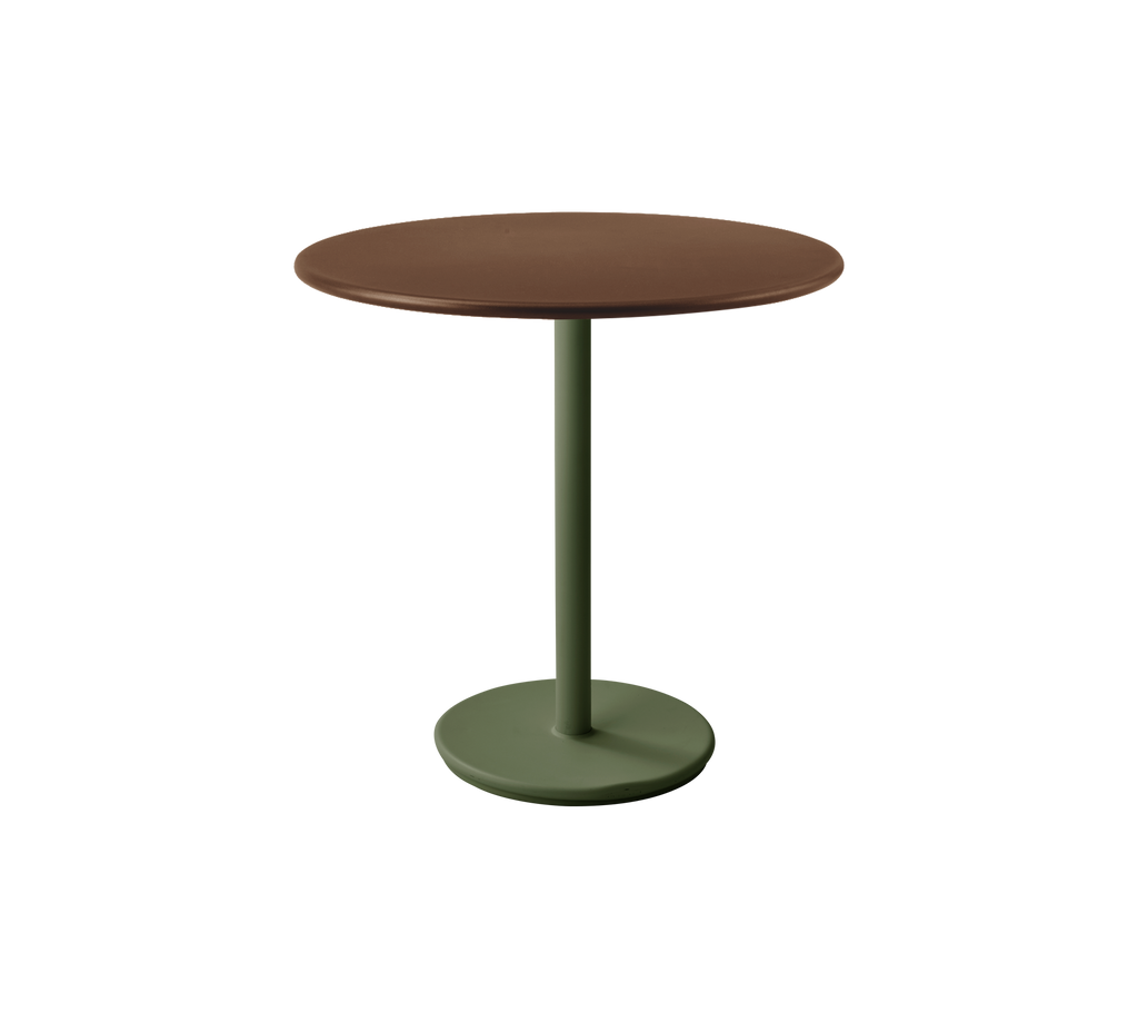 Round table with a desert red top and dark green base.