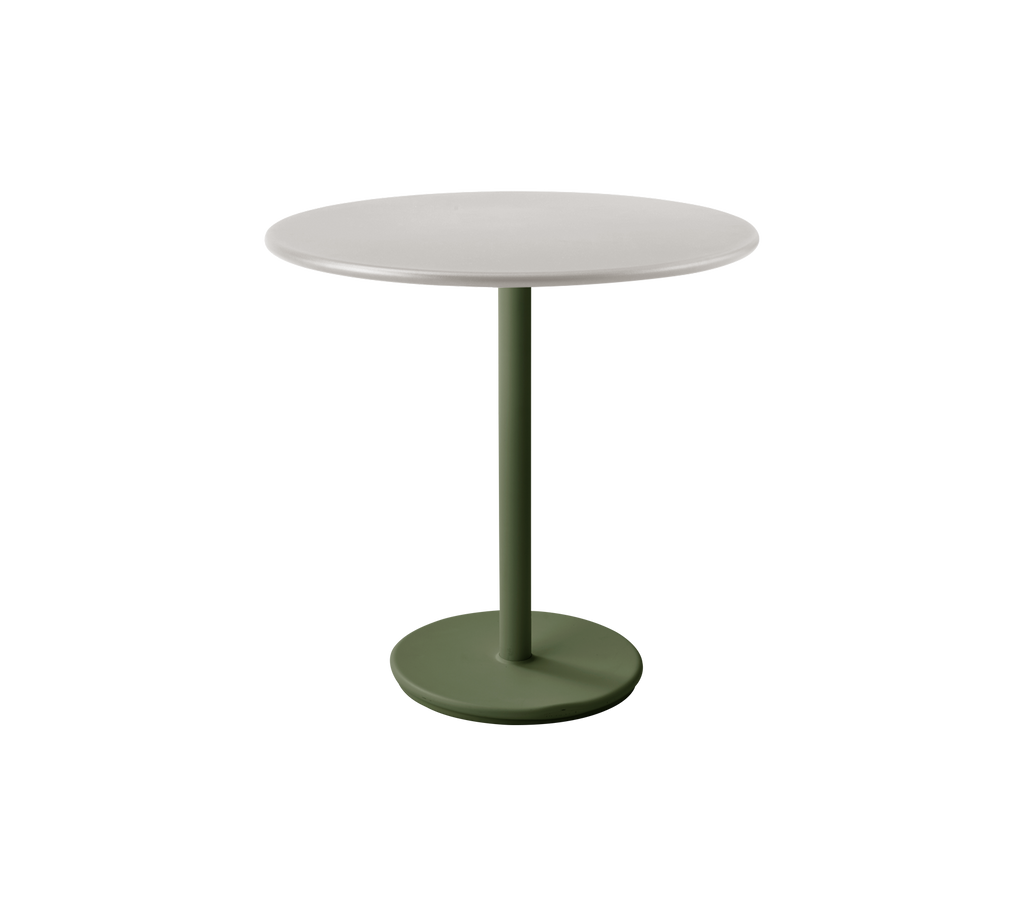 Modern round table with a dark green base and a light-colored top.