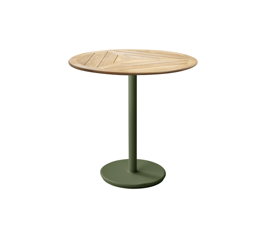 Modern round table with a dark green base and teak top.