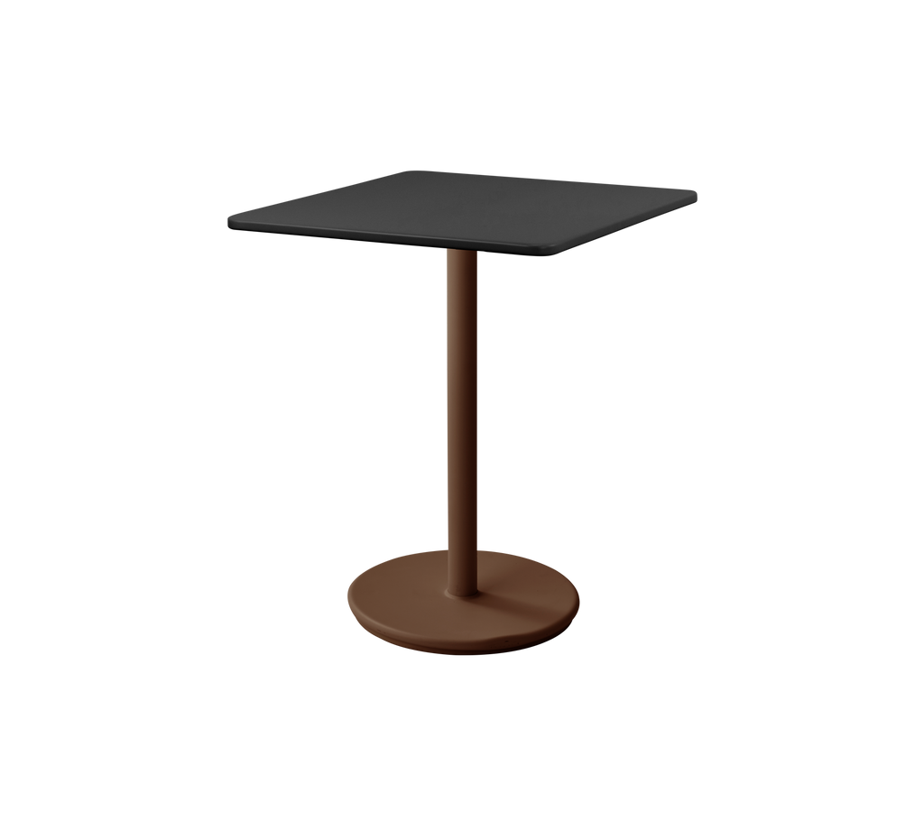 Modern black table with a brown pedestal base.