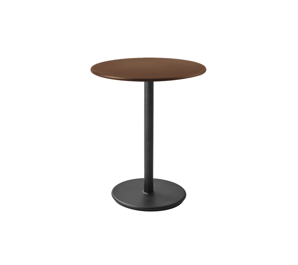 Round table with a brown top and black base.