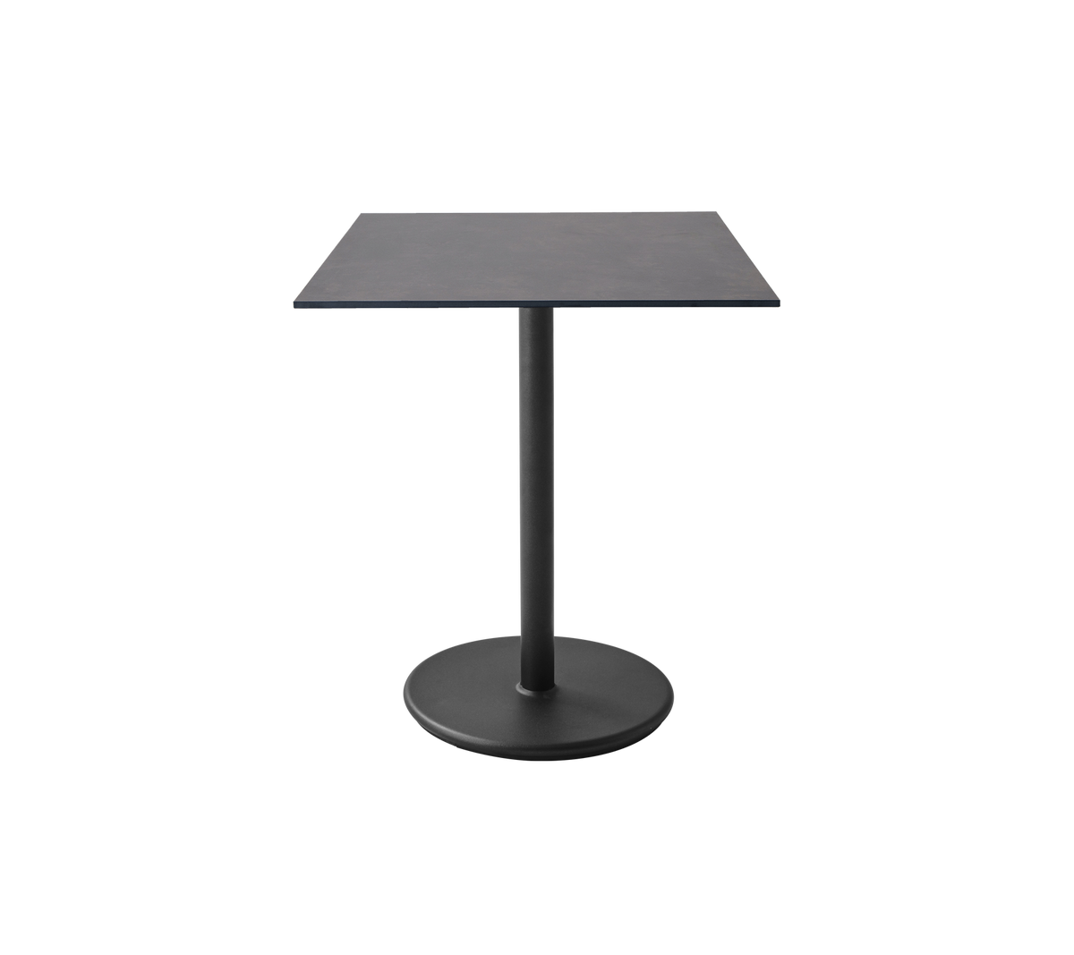 Square table with a sleek surface and a sturdy round base, designed for modern spaces and versatile use.