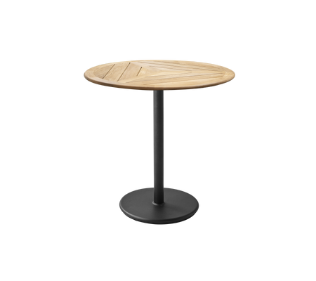 Round table with a wooden top featuring a geometric design and a metal base in a matte finish. Ideal for casual dining or gatherings.