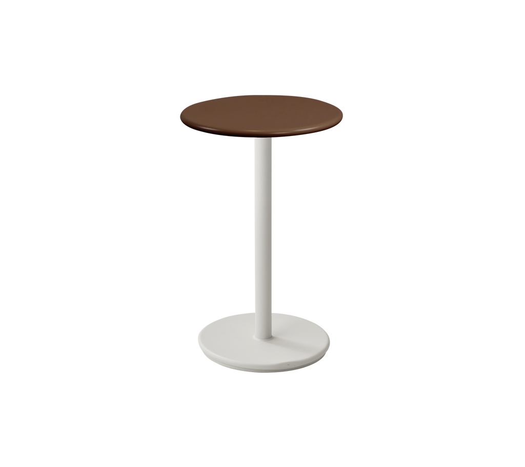 Round table with a brown top and white base.