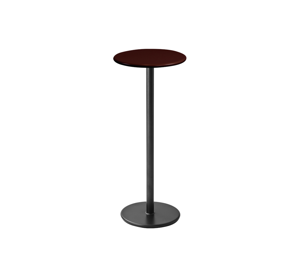 Modern burgundy table with a grey base.