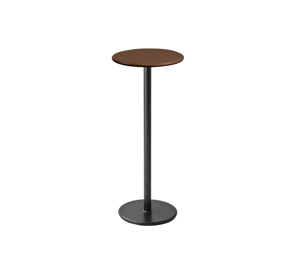 Brown table with a slim black base.