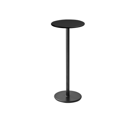 A sleek, modern round table with a black top and slender black pedestal base, ideal for casual dining or drinks.