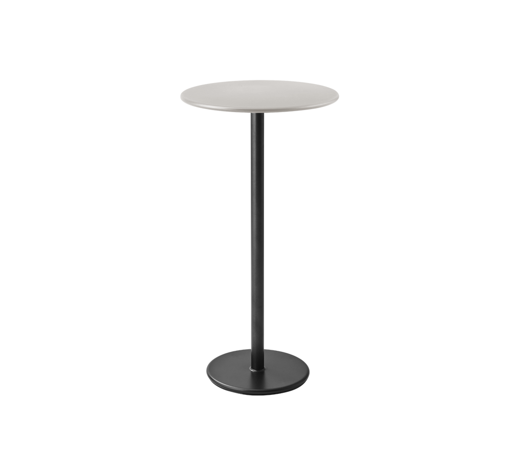 Modern grey table with a sleek design and black base.