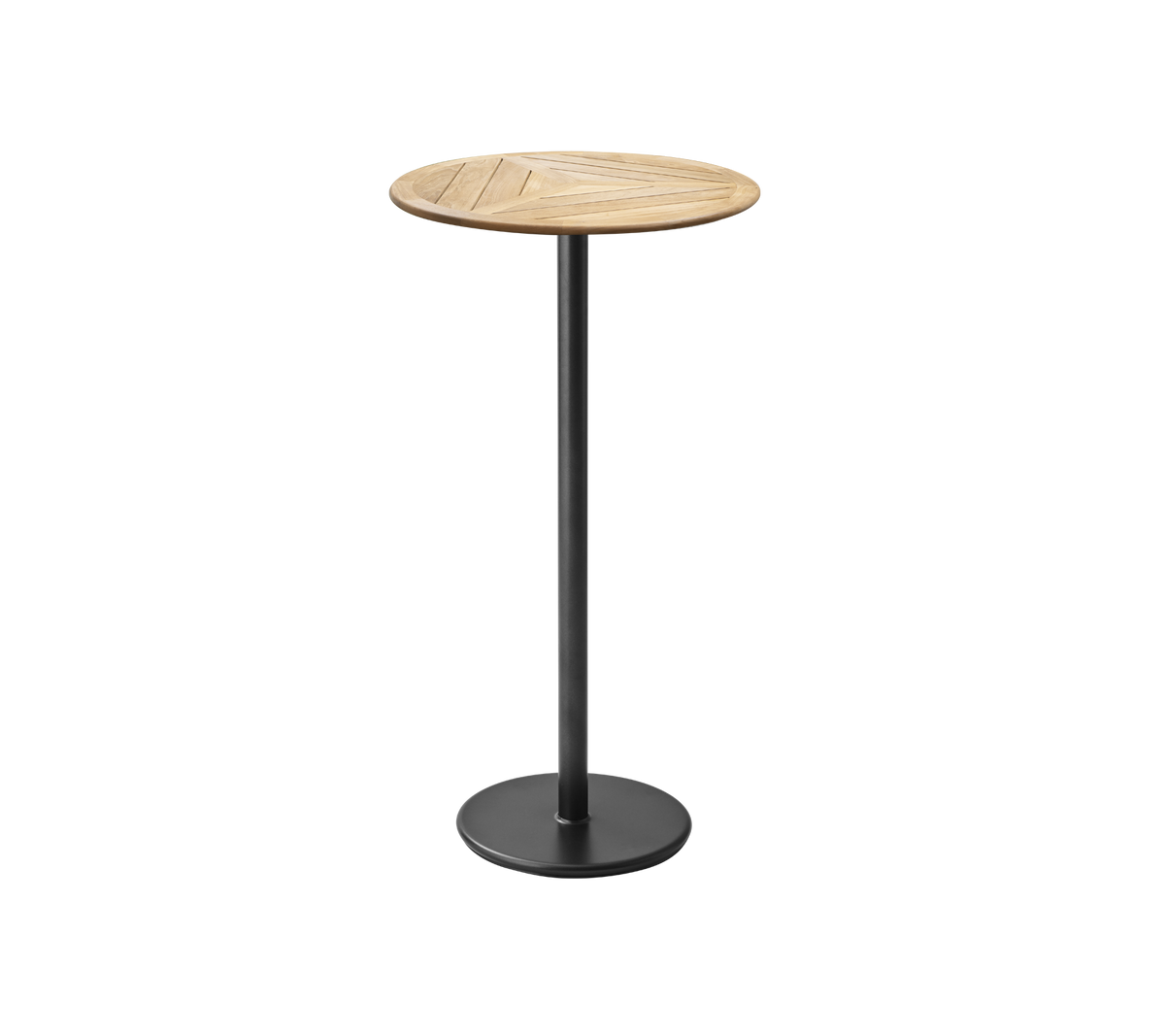 Stylish, round wooden top bistro table with a sleek black base, perfect for casual gatherings or as a contemporary accent piece.