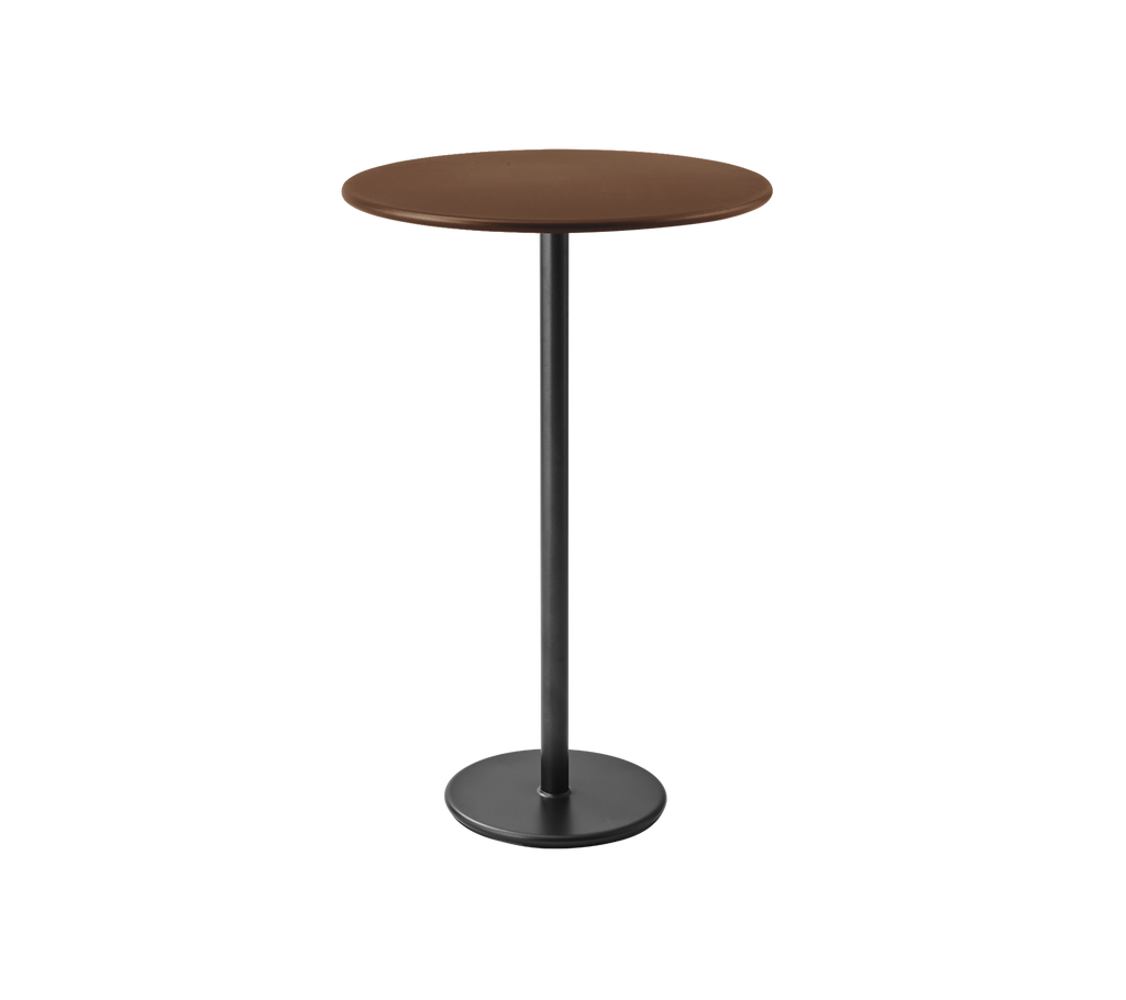 Brown table with a slender black base.