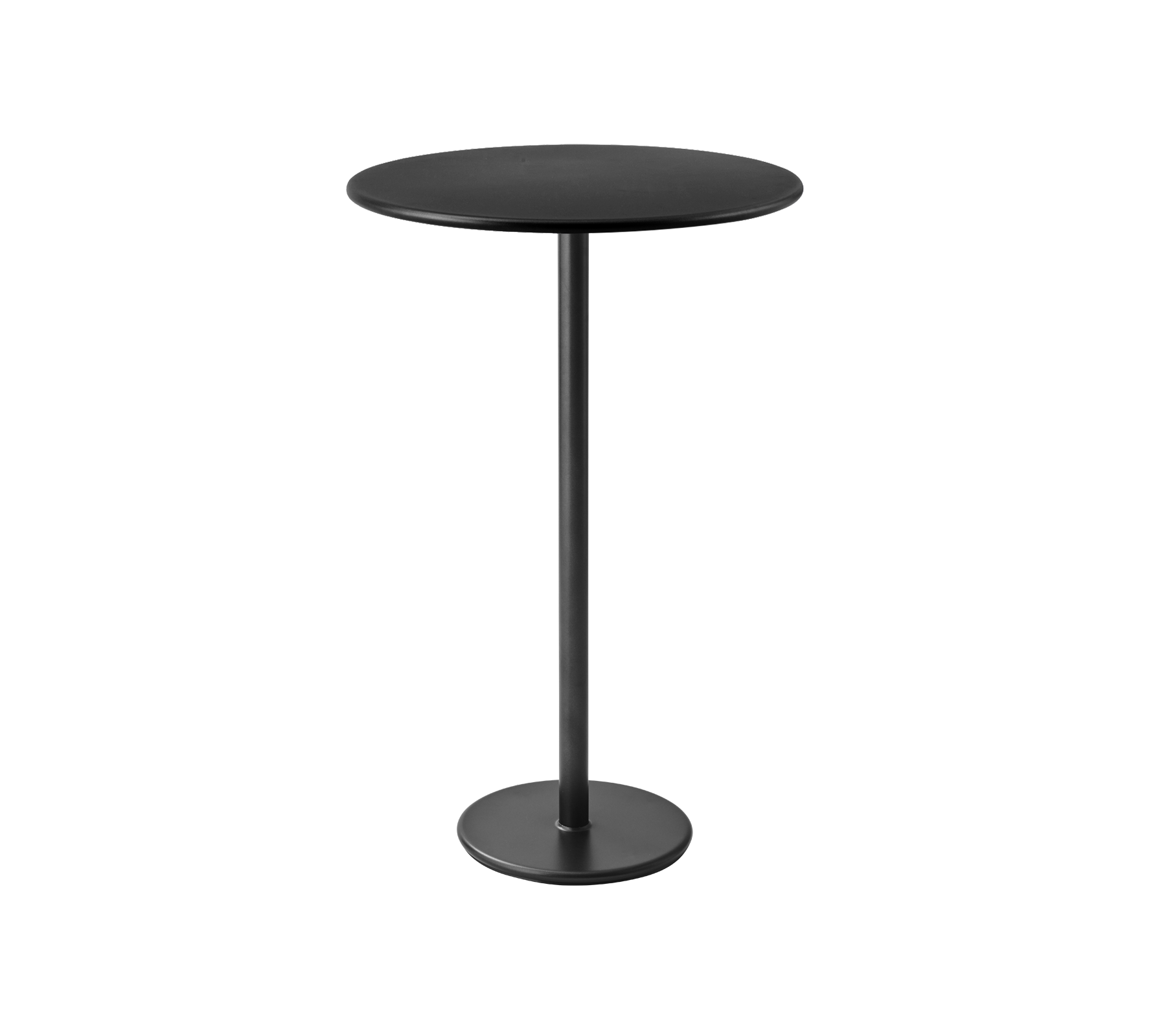 Sleek black bar table with a round top and a sturdy circular base, perfect for stylish settings.