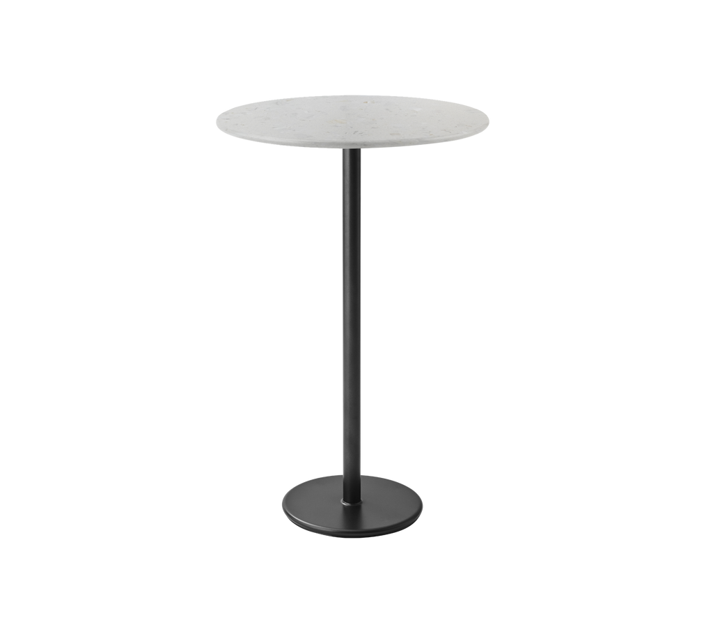 Round table with a grey top and black base.