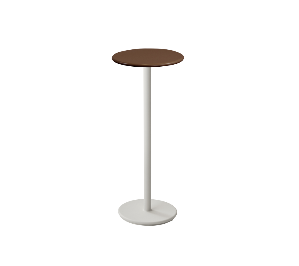 Round table with a brown top and white base.
