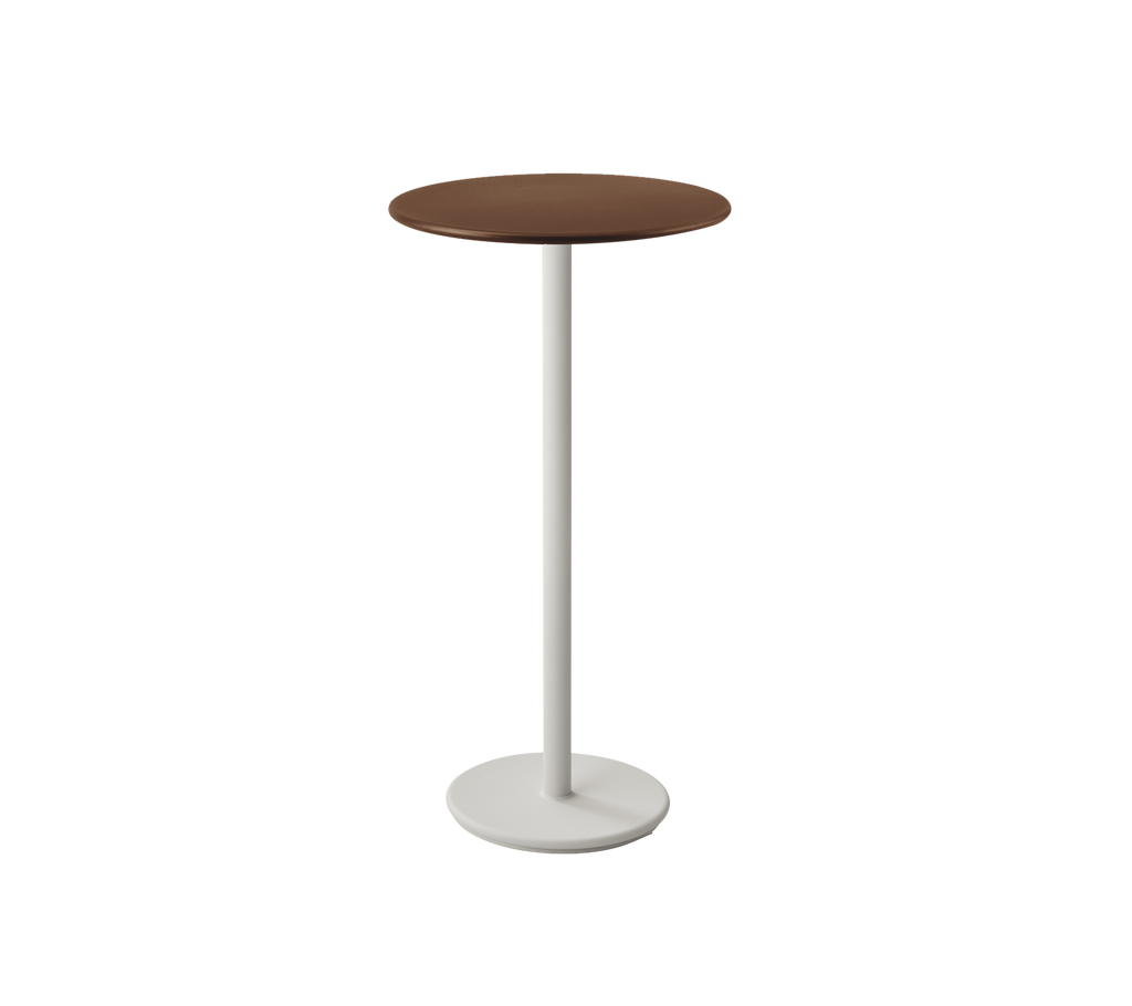 Modern brown table with a white pedestal base.